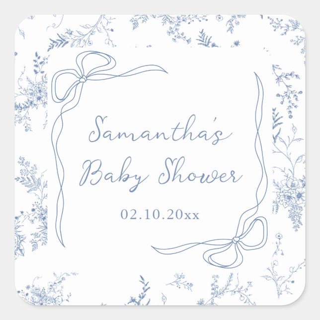 Blue Baby Dusche Bläserbow Quadratischer Aufkleber (Vorderseite)