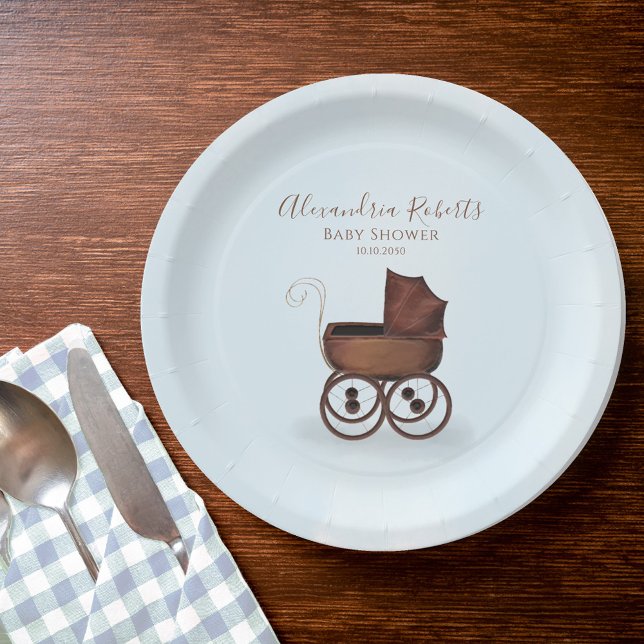 Blue Baby Dusche Vintag Personalisiert Pappteller (Boy Baby shower vintage carriage custom paper plate. )