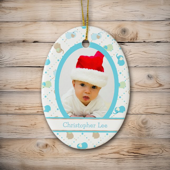 Blue Baby Elefanten Erste Weihnachtsfotovorlage Keramikornament (Von Creator hochgeladen)