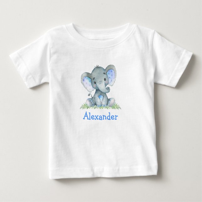 Blue Baby Elephant auf Grünflächen Baby T-shirt (Vorderseite)