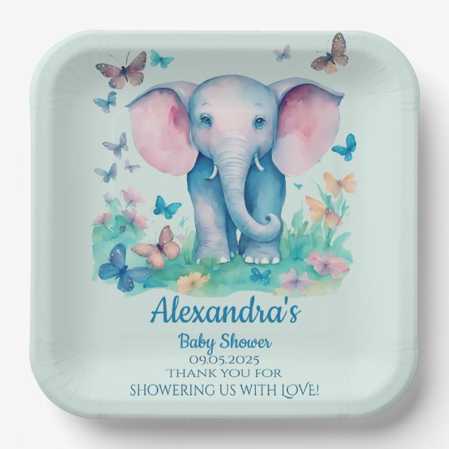 Blue Baby Elephant Baby Dusche Pappteller (Vorderseite)