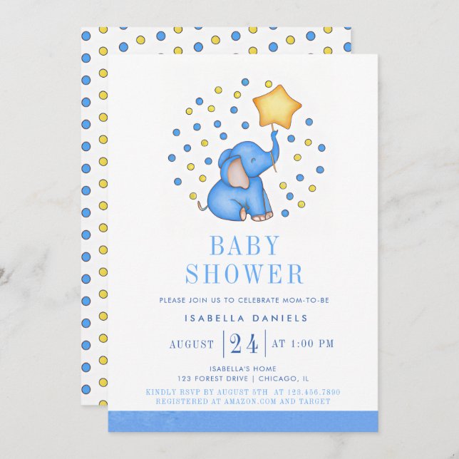 Blue Baby Elephant und Star Balloon Baby Shower Einladung (Vorne/Hinten)