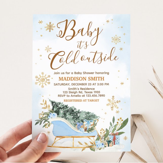 Blue Baby Es ist kalte Außendusche Einladung (Gold Snowflake Baby Shower Invitation)