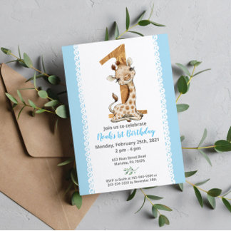 Blue Baby Giraffe 1. Geburtstag Einladung
