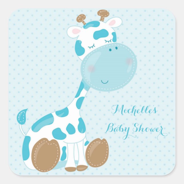 Blue Baby Giraffe und Polka Dots Quadratischer Aufkleber (Vorderseite)