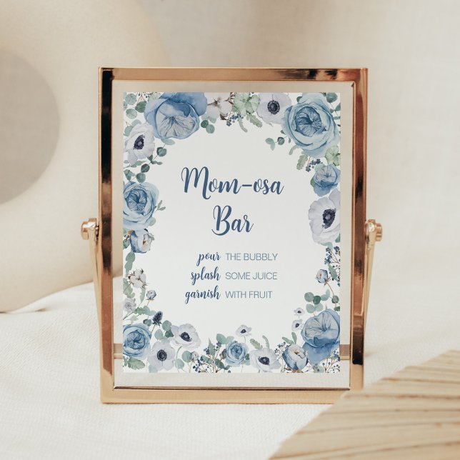Blue Baby in Bloom Baby Dusche Mama Osa Bar Poster (Dusty Blue Wildflower Baby Shower Mom Osa Bar Sign)