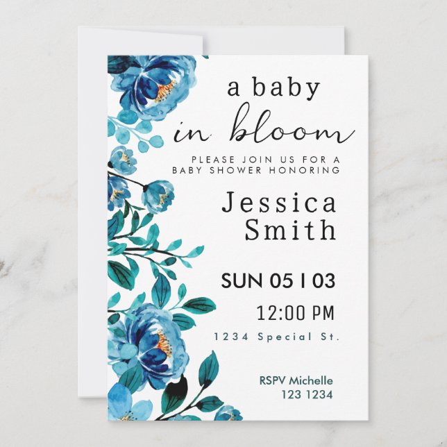 Blue Baby in Bloom Baby Shower Einladung (Vorderseite)