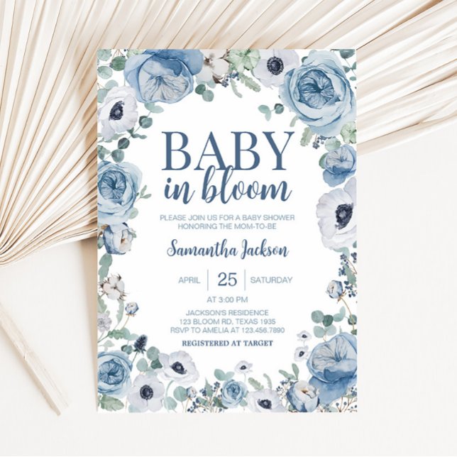 Blue Baby in Bloom Baby Shower Einladung (Dusty Blue Wildflower Baby Shower Invitation )