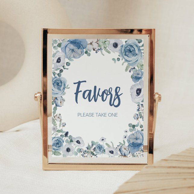 Blue Baby in Bloom Baby Shower Favoriten Poster (Dusty Blue Wildflower Baby Shower Favors Sign)