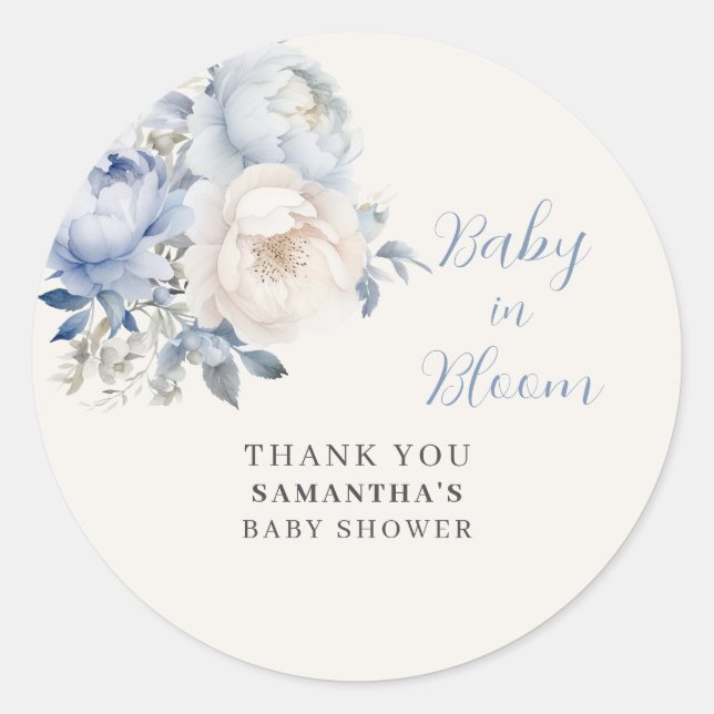 Blue Baby in Bloom Floral Boy Babydusche Runder Aufkleber (Vorderseite)