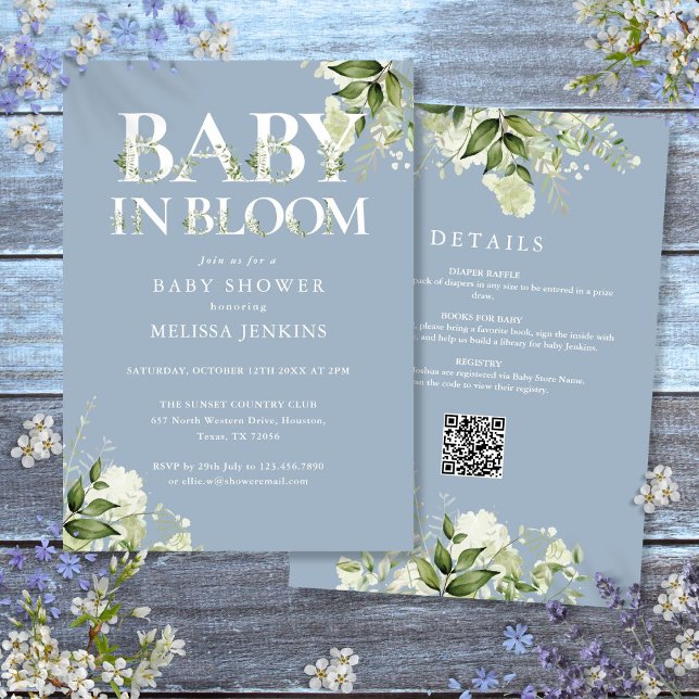Blue Baby in blühender Vegetation in einer Babydus Einladung (Blue Baby In Bloom Greenery All In One Baby Shower Invitation)
