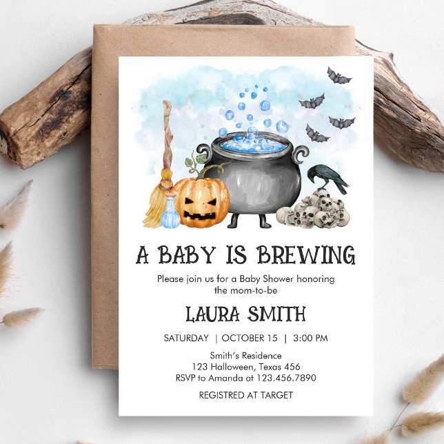 Blue Baby is Brewing Halloween Baby Shower Einladung (Blue Baby is Brewing Halloween Baby Shower Invitation)