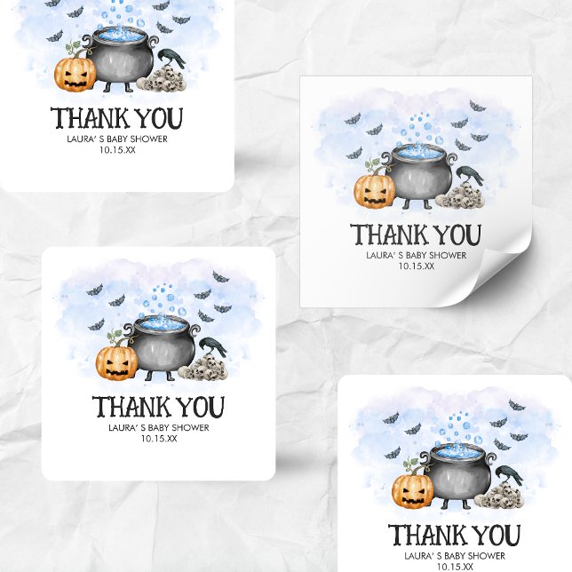 Blue Baby is Brewing Halloween Baby Shower  Quadratischer Aufkleber (Blue Baby is Brewing Halloween Baby Shower Square Favor Tags)
