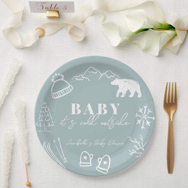 Blue Baby It's Cold Outside Hand-drawn Baby Shower Pappteller (Hochzeit)