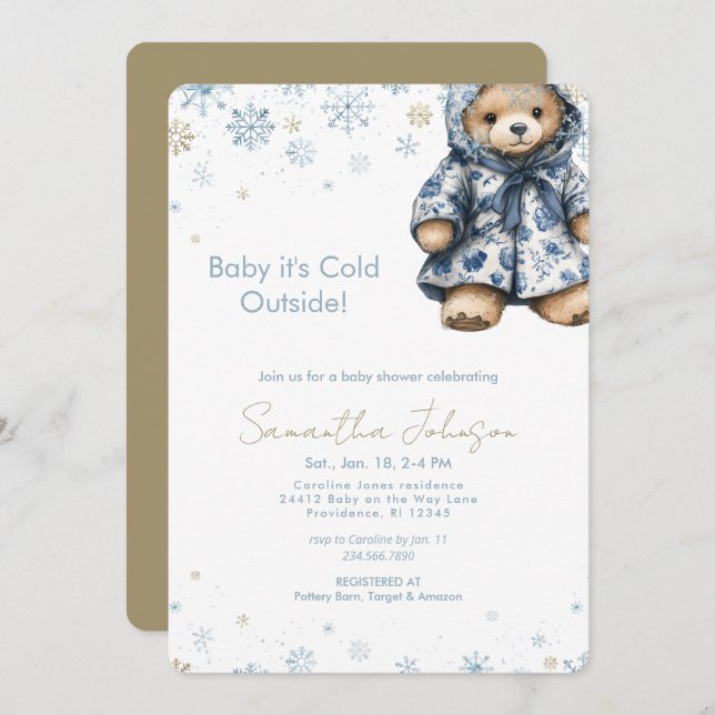 Blue Baby It's Cold Outside Teddy Bear Einladung (Vorne/Hinten)