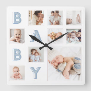 Blue Baby Letters Newborn Baby Foto Grid Collage Quadratische Wanduhr