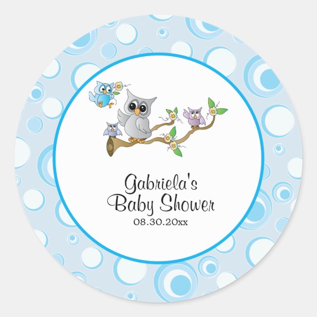 Blue Baby Owl Baby Showthema Runder Aufkleber (Vorderseite)