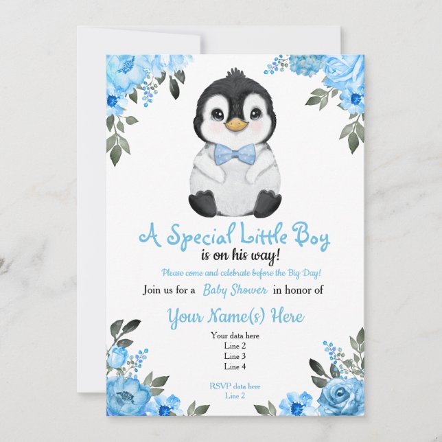 Blue Baby Pinguin Dusche Einladung (Vorderseite)