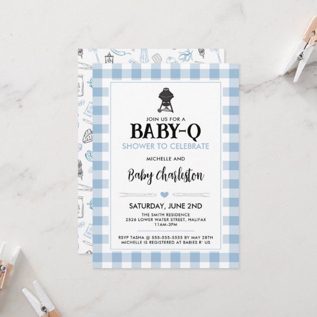 Blue Baby-Q Baby Shower Invitation | BBQ Party Einladung (Vorderseite/Rückseite Beispiel)