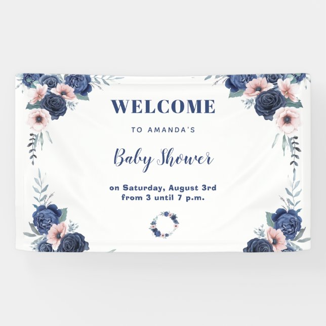 Blue Baby-Q Floral Rose Pastel GRILLEN Baby Shower Banner (Horizontal)