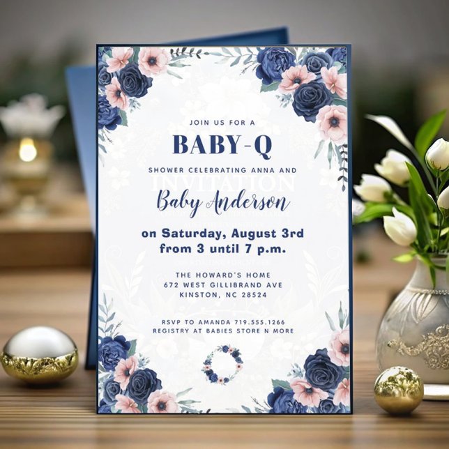 Blue Baby-Q Floral Rose Pastel GRILLEN Baby Shower Einladung (Von Creator hochgeladen)