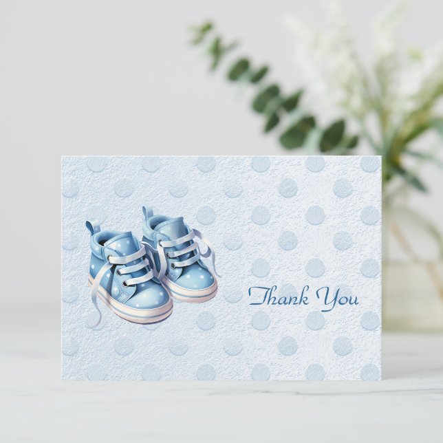Blue Baby Shoes Dankeschön Card Dankeskarte (Stehend Vorderseite)