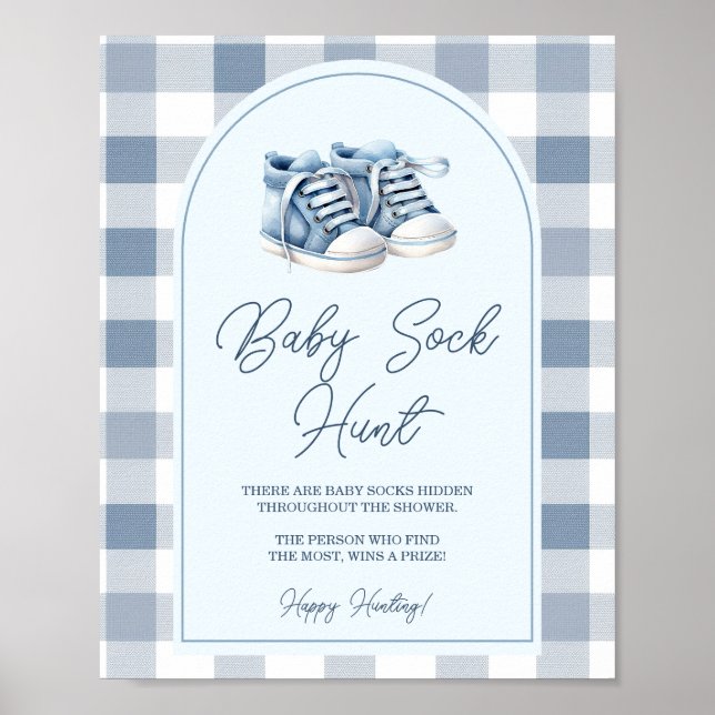 Blue Baby Shoes Gingham Baby Shower Baby Sock Hunt Poster (Vorne)