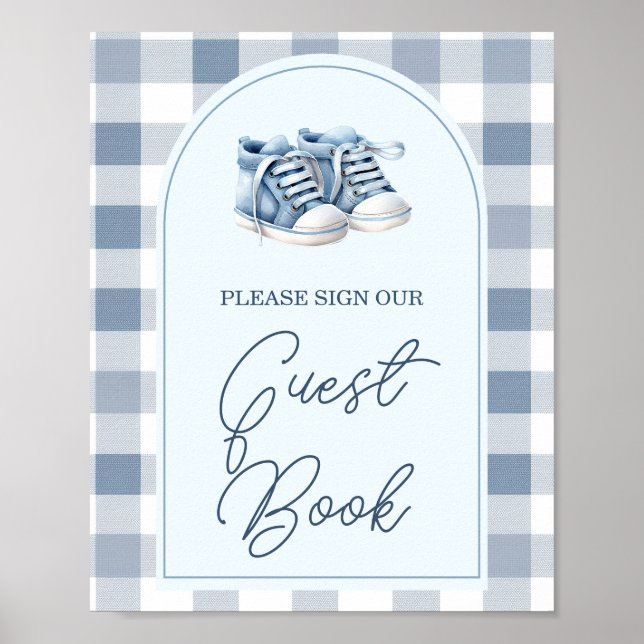 Blue Baby Shoes Gingham Baby Shower Guest Book Poster (Vorne)