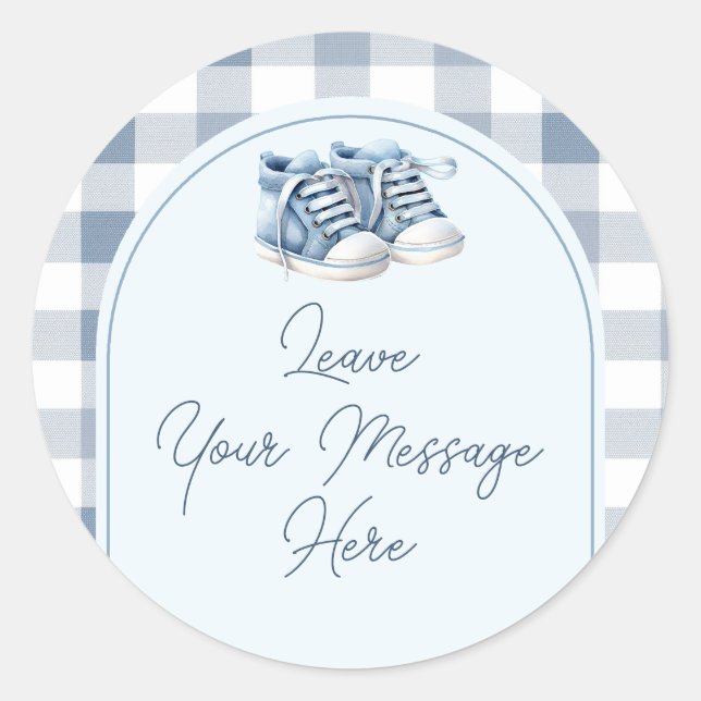 Blue Baby Shoes Gingham Baby Shower Your Message Runder Aufkleber (Vorderseite)