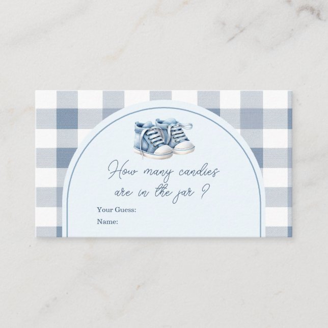 Blue Baby Shoes Gingham Booties How Many Candies Begleitkarte (Vorderseite)
