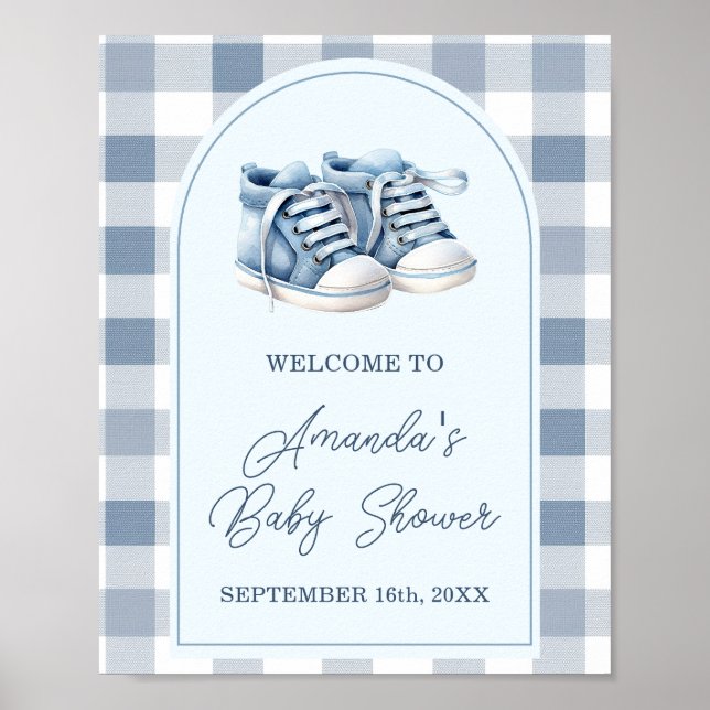 Blue Baby Shoes Gingham Boy Baby Shower Welcome Poster (Vorne)