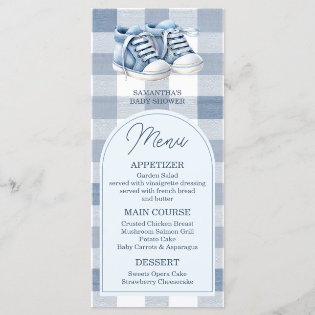Blue Baby Shoes Gingham Boy Booties Baby Shower Menükarte (Vorderseite)