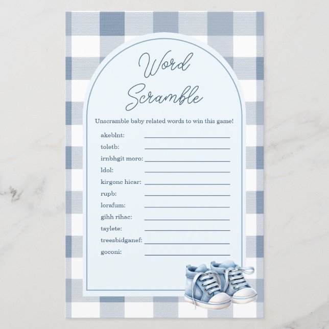 Blue Baby Shoes Gingham Word Scramble Game (Vorderseite)