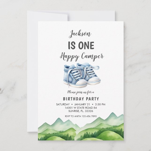 Blue Baby Shoes Little Camper Geburtstag Einladung (Vorderseite)