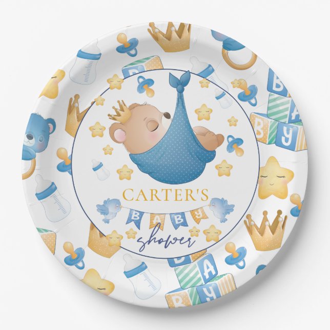 Blue Baby Shower Baby Boy Bear Pappteller (Vorderseite)