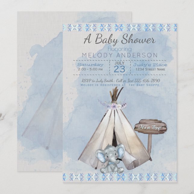 Blue Baby Shower Boho Baby Elephant & Tipi Einladung (Vorne/Hinten)