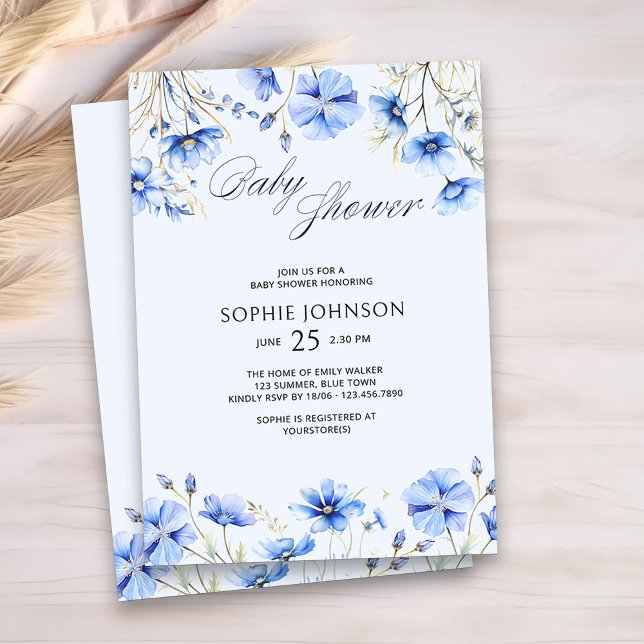 Blue Baby Shower Elegante Summer Floral Einladung (Blue Floral Baby Shower Invitation)