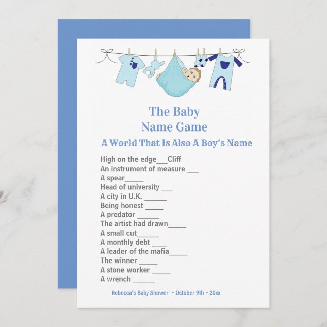 Blue Baby Shower Guessing Game Einladung (Vorne/Hinten)