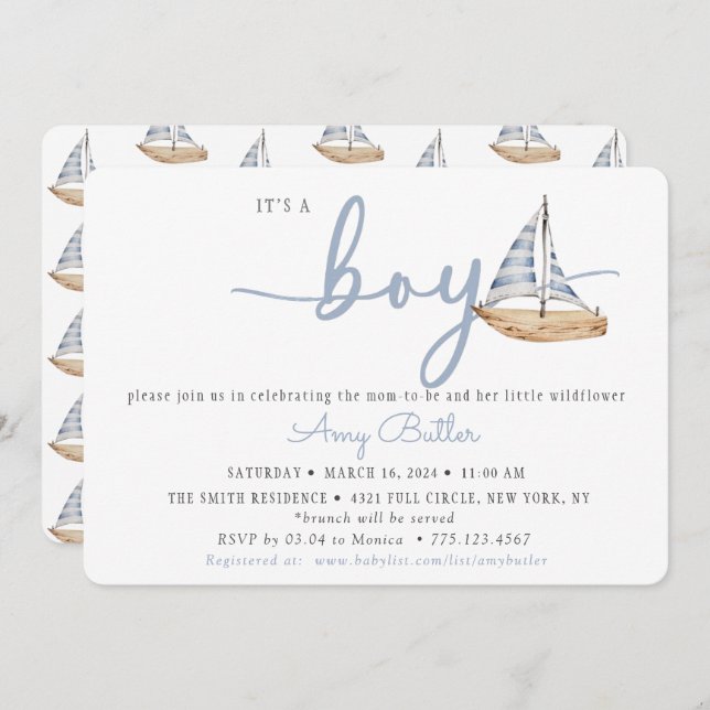 Blue Baby Shower Invitation with Sailboats Einladung (Vorne/Hinten)