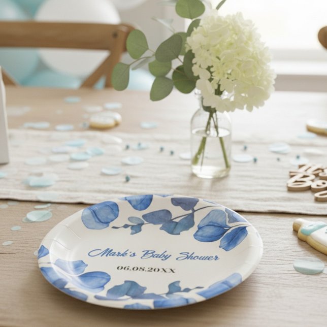 Blue Baby Shower paper plate – Custom Name & Event Pappteller (Von Creator hochgeladen)