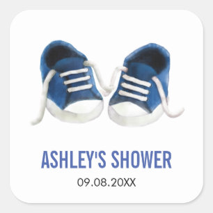 Blue Baby Sneakers Babyduschenaufkleber, Geschenke Quadratischer Aufkleber