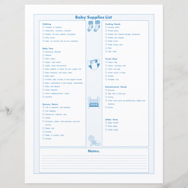 Blue Baby Supplies List und Fütternd Tracker (Vorderseite)