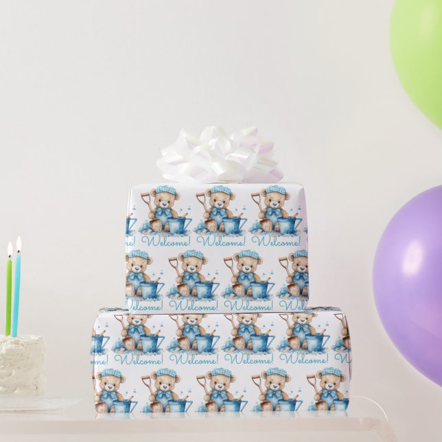 Blue Baby Welcome Teddy Bear Geschenkpapier (Partygeschenke)