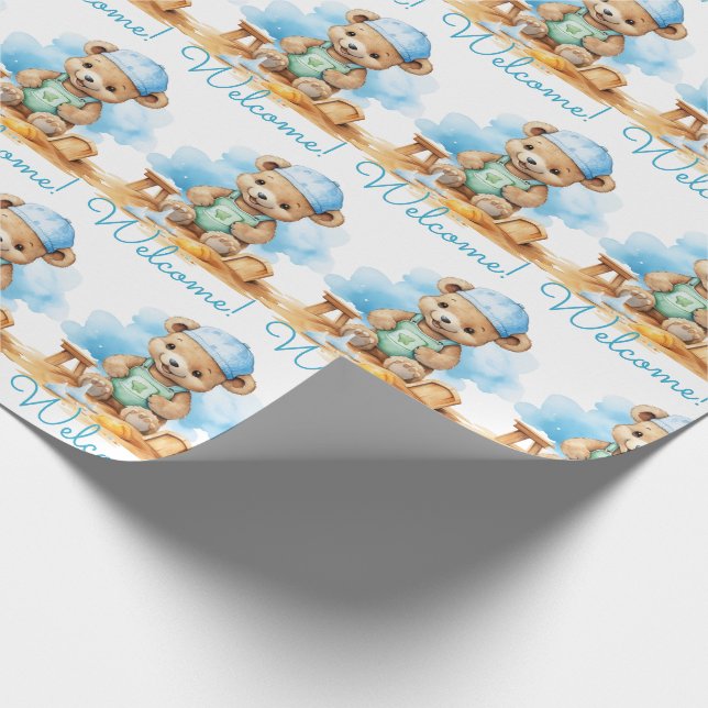 Blue Baby Welcome Teddy Bear Geschenkpapier (Ecke)