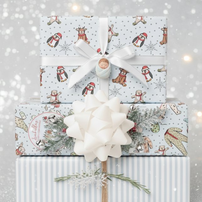 Blue Babys Erste Weihnachts Winter Pajamas Geschenkpapier Set (Baby First Christmas Wrapping Paper for Baby Boy. Winter Pajamas, Animals & Stripes Pattern for Kids)