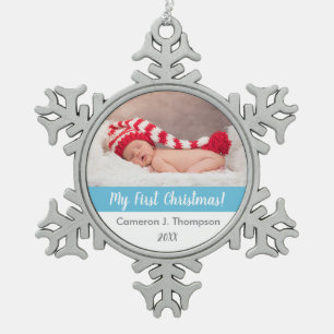 Blue Baby's erster Weihnachtsbaby-Foto-Sake Schneeflocken Zinn-Ornament