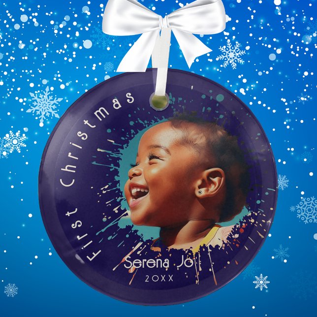 Blue Baby's First Christmas Splatter Pattern  Ornament Aus Glas (Von Creator hochgeladen)