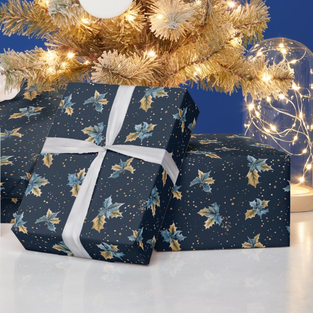 Blue Background mit Gold & Blue Holly Blätter Geschenkpapier (Feiertage)