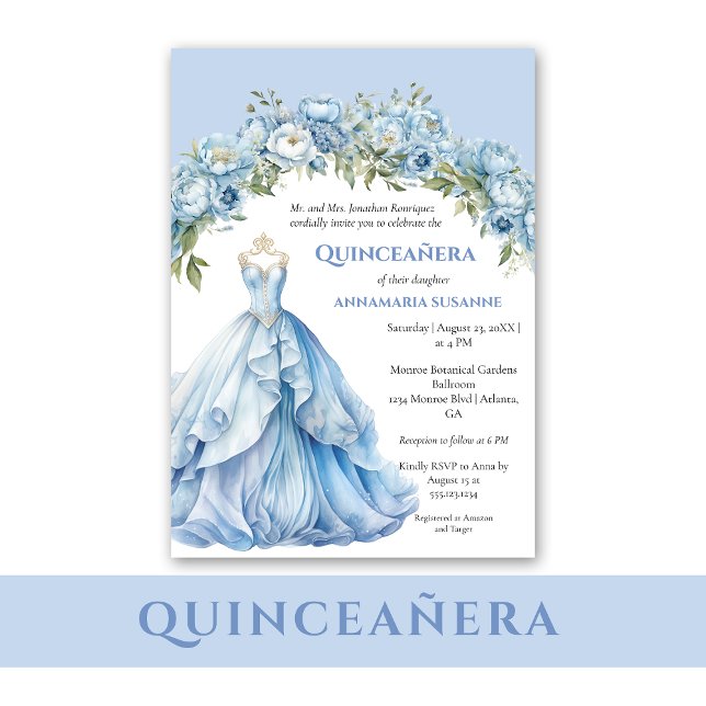 Blue Ball Gown Blue Floral Quinceañera |  Einladung (Von Creator hochgeladen)