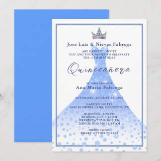 Blue Ball Gown & Tiara Quinceañera Geburtstag Einladung